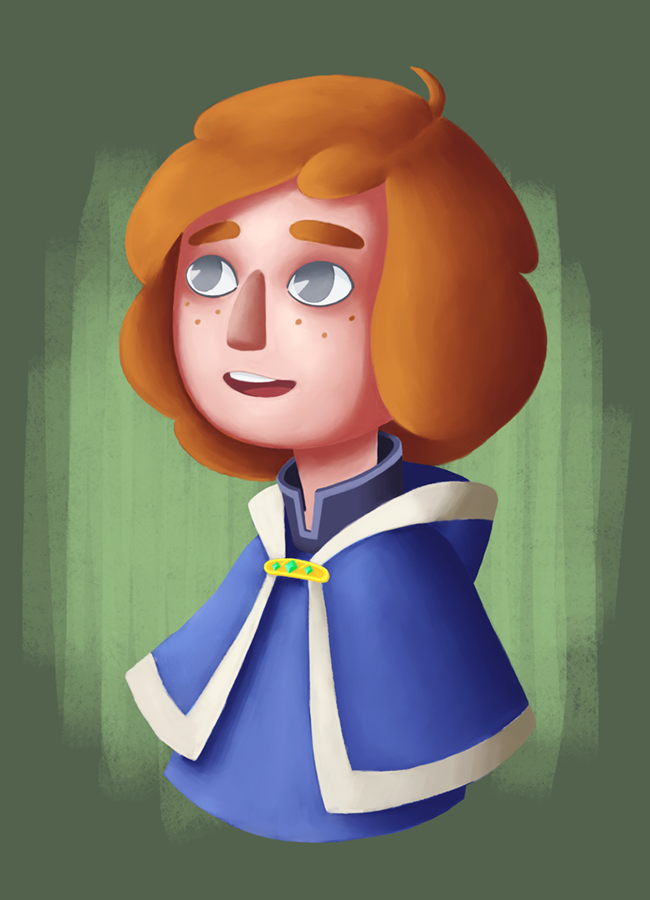 Character portrait of a young wizard's apprentice with red, medium long fluffy hair and freckles in a cartoony style.